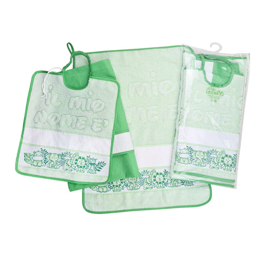 Completo 3 pezzi SAFARI:asciugamano+bavetta con elastico+sacchetto con etamine da ricamare