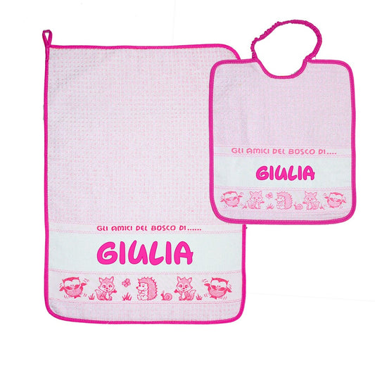 Set asilo personalizzato BOSCO 2 PZ con il nome che vuoi tu bavaglino + salvietta