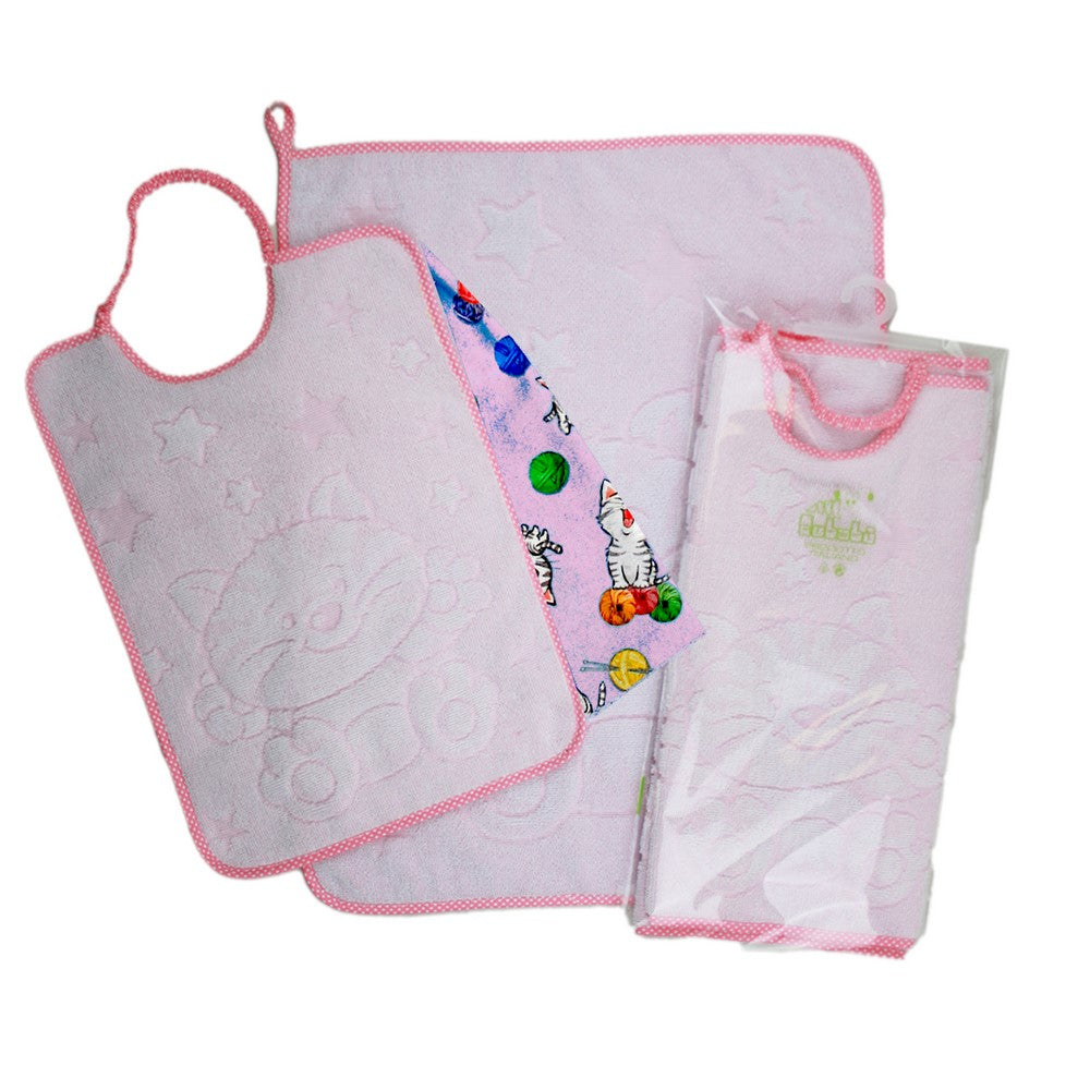 Completo 3 pz.SILVESTRO:asciugamano+bavetta con elastico+sacchetto in tela stampata