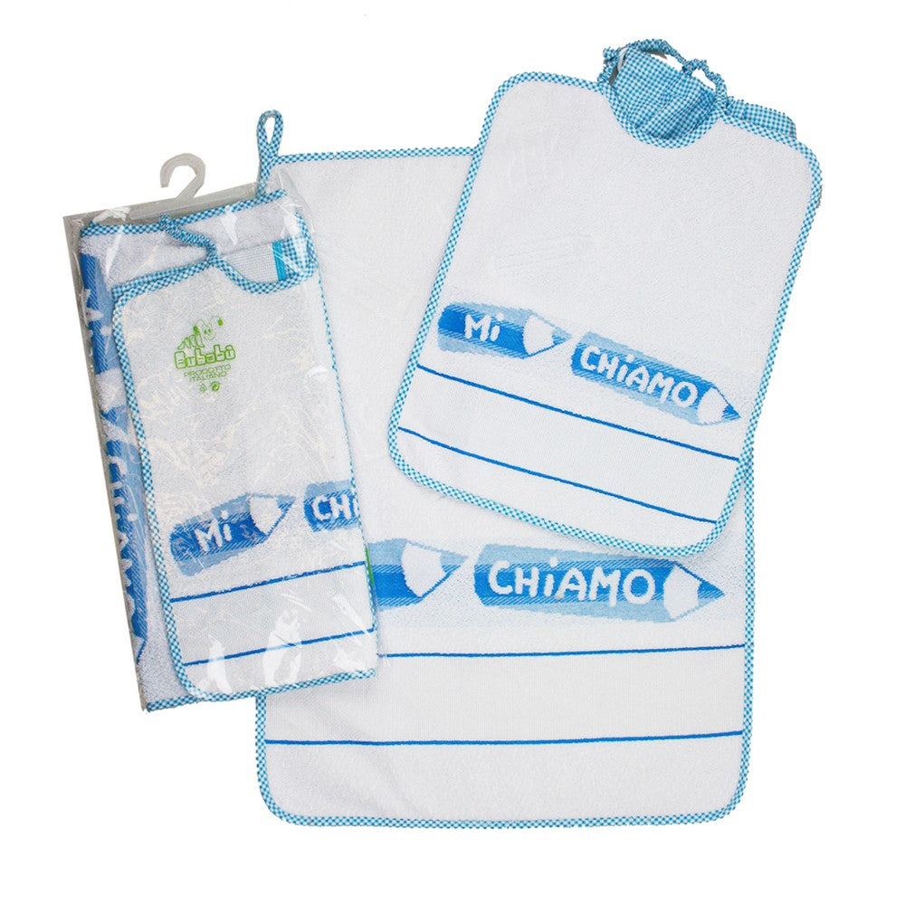 Completo 3 pz.MATITE:asciugamano+bavetta con elastico+sacchetto con etamine da ricamare