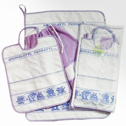 Completo 3 pz.ANIMALETTI FURBETTI:bavetta+asciugamano+sacchetto con etamine da ricamare