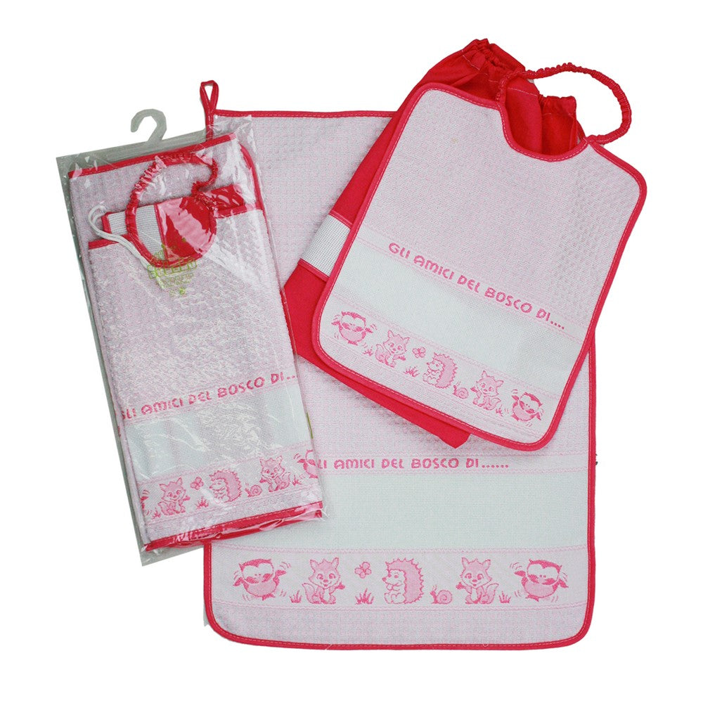 Completo 3pz AMICI DEL BOSCO:asciugamano+bavetta con elastico+sacchetto con banda in etamine da ricamare