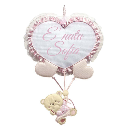 Fiocco nascita ORSO CON CUORI A PALLONCINO